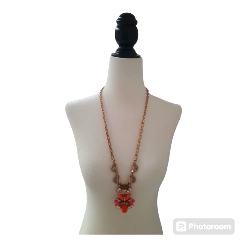 Stella & Dot Statement Pop Geo Chunky Necklace Orange Pink Long Gold Tone